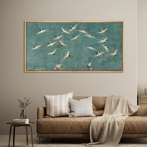 Framed Canvas Wall Art Abstract Sage Green Heron Bird Flock Art Print Nature Wall Art Minimalist Panoramic Horizontal Wall Art Bedroom Decor