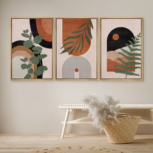 DustinWay Framed Canvas Print Wall Art Set of 3 Desert Dune Jungle Palm Leaf Abstract Nature Illustration Mid Century Modern Art Boho Decor