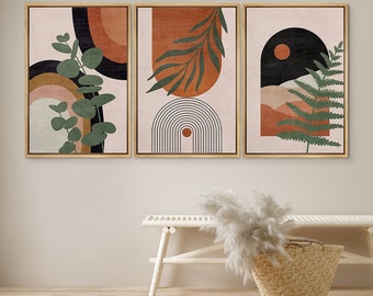 DustinWay Framed Canvas Print Wall Art Set of 3 Desert Dune Jungle Palm Leaf Abstract Nature Illustration Mid Century Modern Art Boho Decor