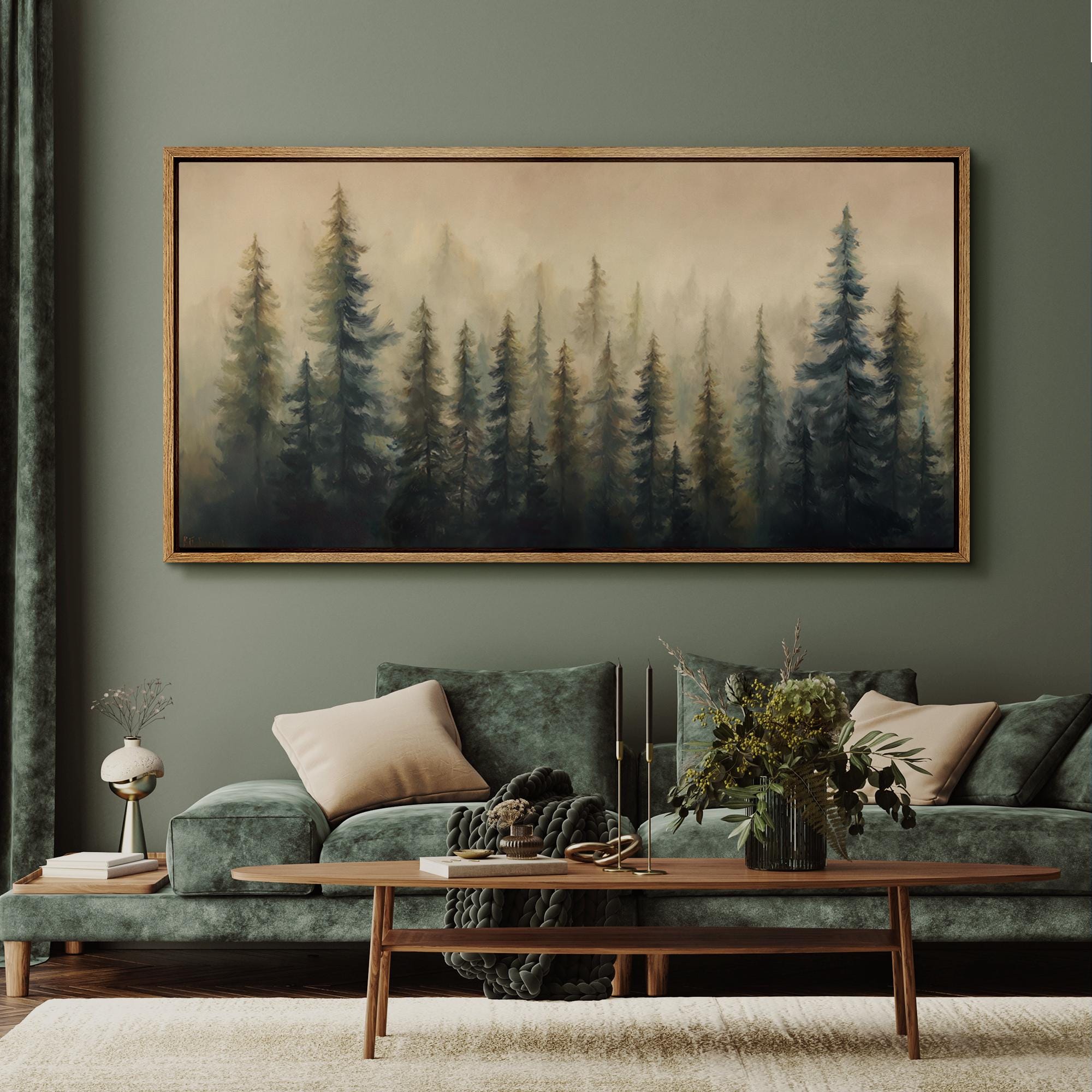 Large Wall Art Framed Canvas Misty Evergreen Tree Forest Landscape Prints Nature Woodland Painting Tranquil scenery Art Rustic Cabin Decor