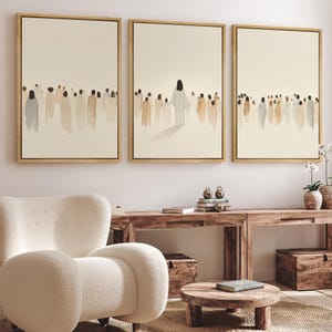 Framed Canvas Wall Art Set of 3 Jesus and the Crowd Prints Christian Minimalist Beige Abstract Prints Bible Oil Painting Church Wall Decor