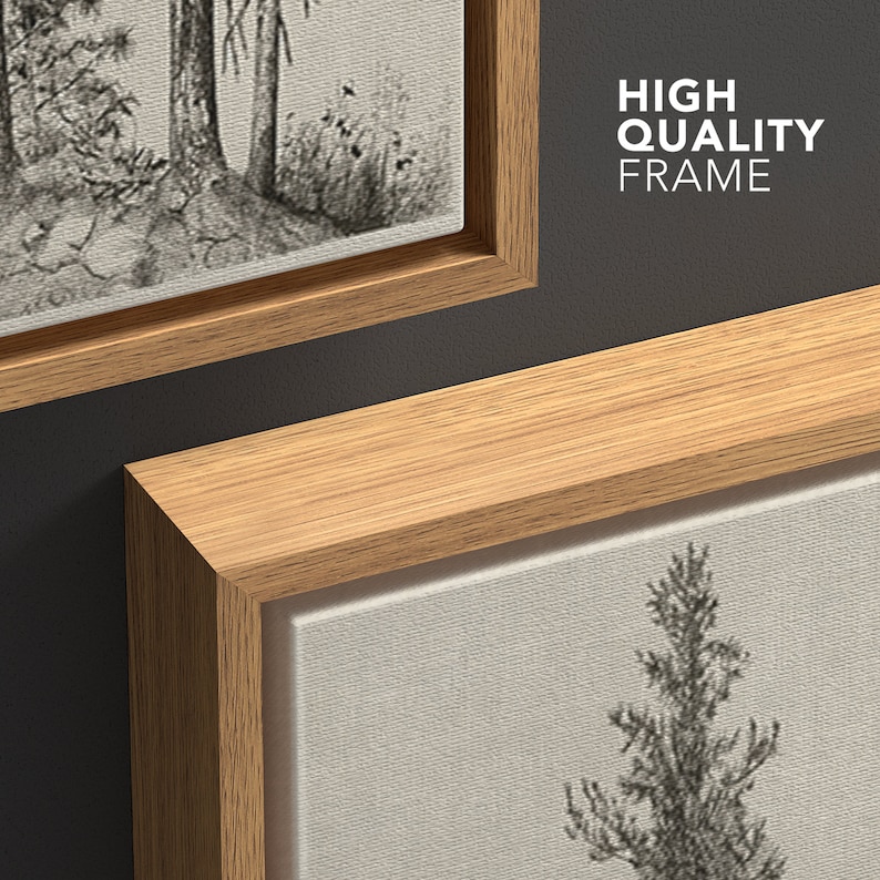 May include: Two framed landscape art prints with a natural wood frame. The artwork is a black and white sketch of trees and foliage. The text "HIGH QUALITY FRAME" is visible in the image.