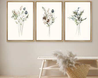 Framed Canvas Wall Art Print Set of 3 Abstract Watercolor Wildflower Floral Botanical Illustrations Modern Art Minimalist Decor