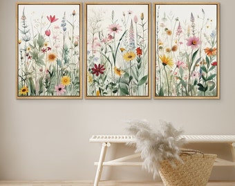 DustinWay Framed Canvas Print Wall Art Set of 3 Wildflower Floral Botanical Illustrations Minimalist Art Neutral Modern Farmhouse Decor