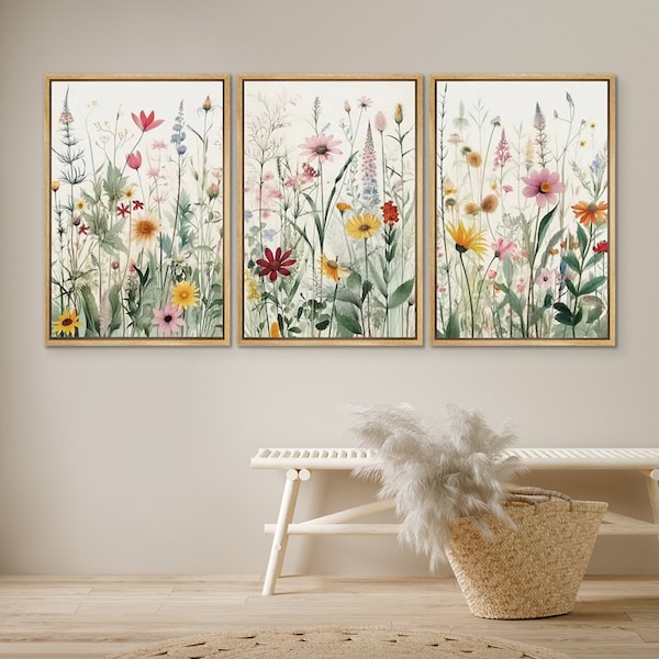 Framed Canvas Wall Art Prints Set of 3 Wildflower Botanical Floral Wall Art Minimalist Modern Boho Wall Art Living Room Decor