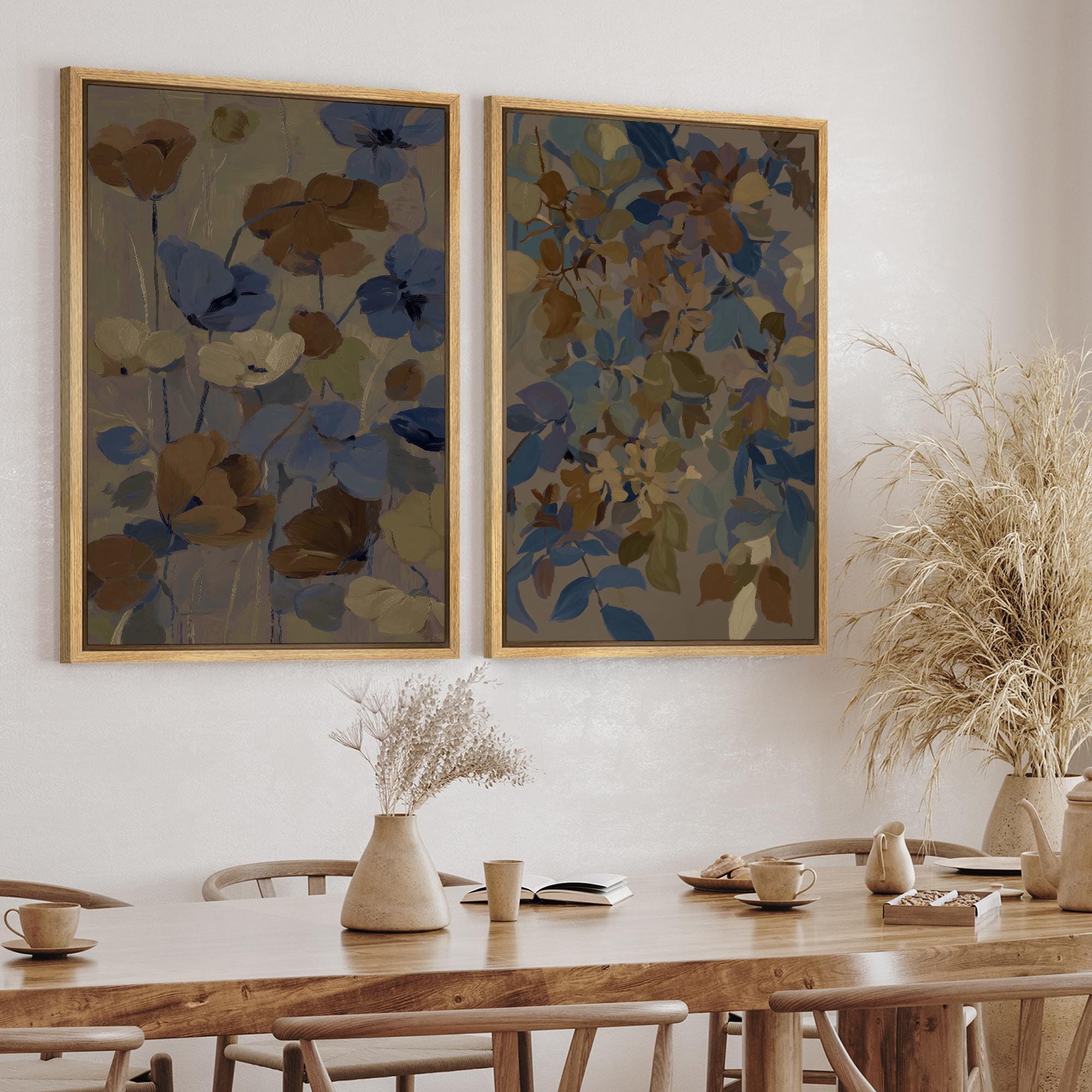 Muted Blue & Brown Floral Wall Art Set of 2 - Framed Abstract Botanical ...