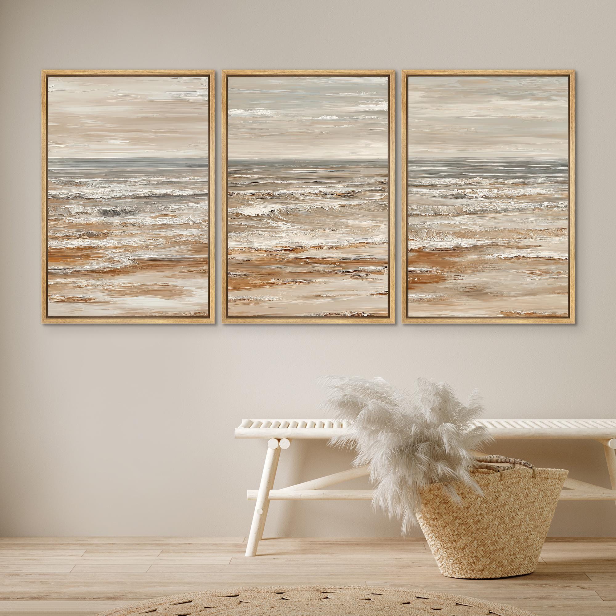 Large Framed Neutral Coastal Wall Art Set of 3, Minimalist Ocean Wave ...
