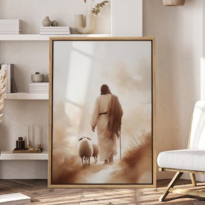 Framed Canvas Jesus & Sheep Wall Art Abstract Serene Landscape Print Inspirational Christian Art in Warm Tone Faith-Based or Farmhouse Decor