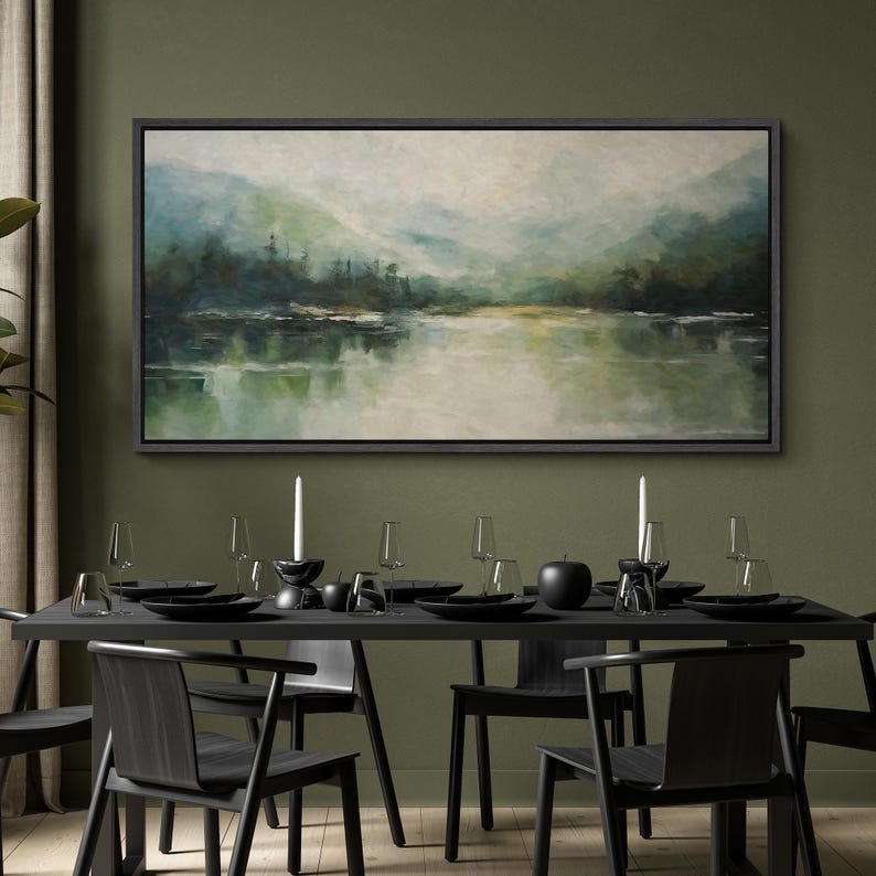 Framed Canvas Wall Art Sage Green Watercolor Mountain Forest Landscape ...