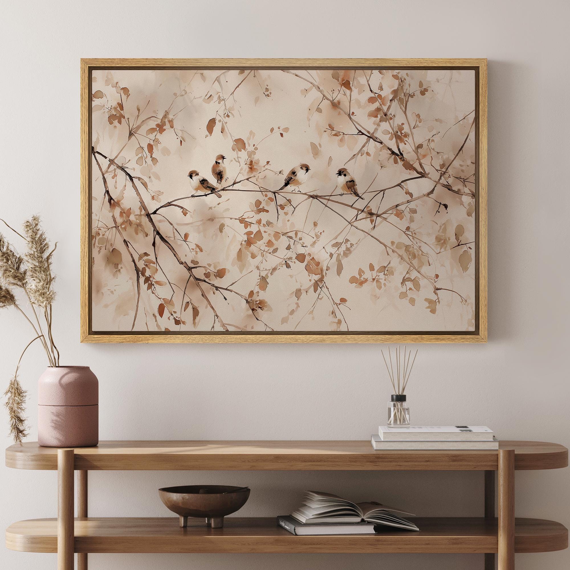 Minimalist Bird Wall Art - Framed Watercolor Beige Brown Branch