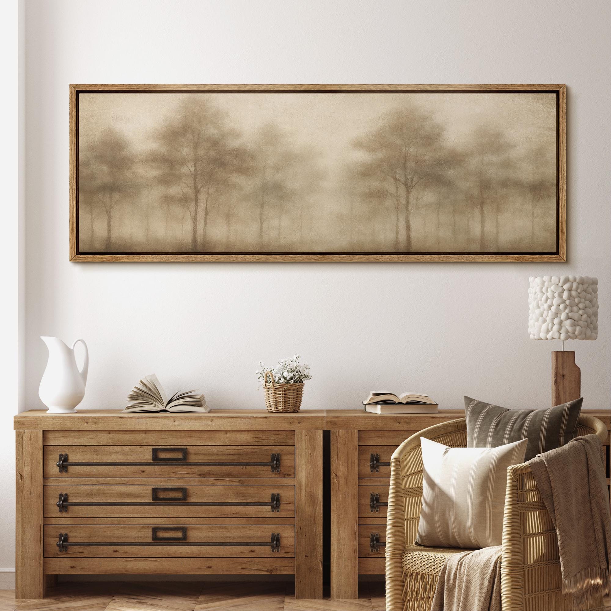 Misty Forest Landscape Wall Art, Large Framed Neutral Foggy Woodland ...