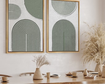 DustinWay Framed Canvas Print Wall Art Set of 2 Green Arches Abstract Print Mid Century Modern Wall Art Minimalist Decor Living Room