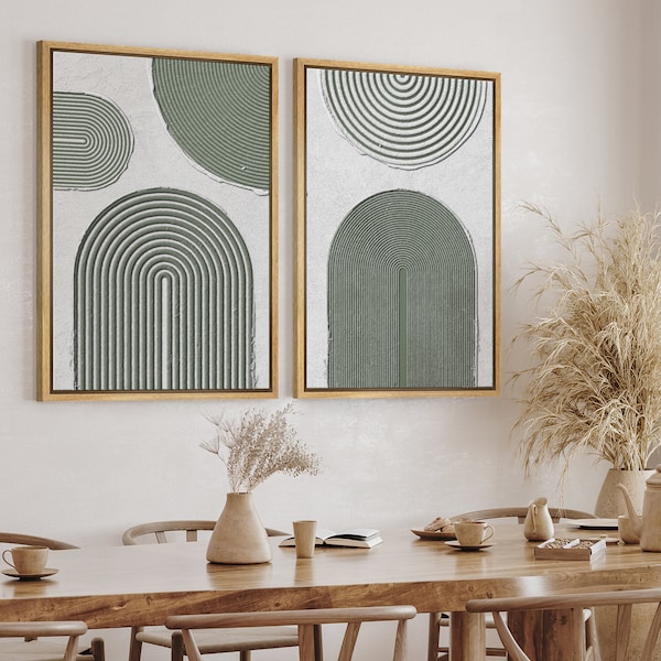 DustinWay Framed Canvas Print Wall Art Set of 2 Green Arches Abstract Print Mid Century Modern Wall Art Minimalist Decor Living Room