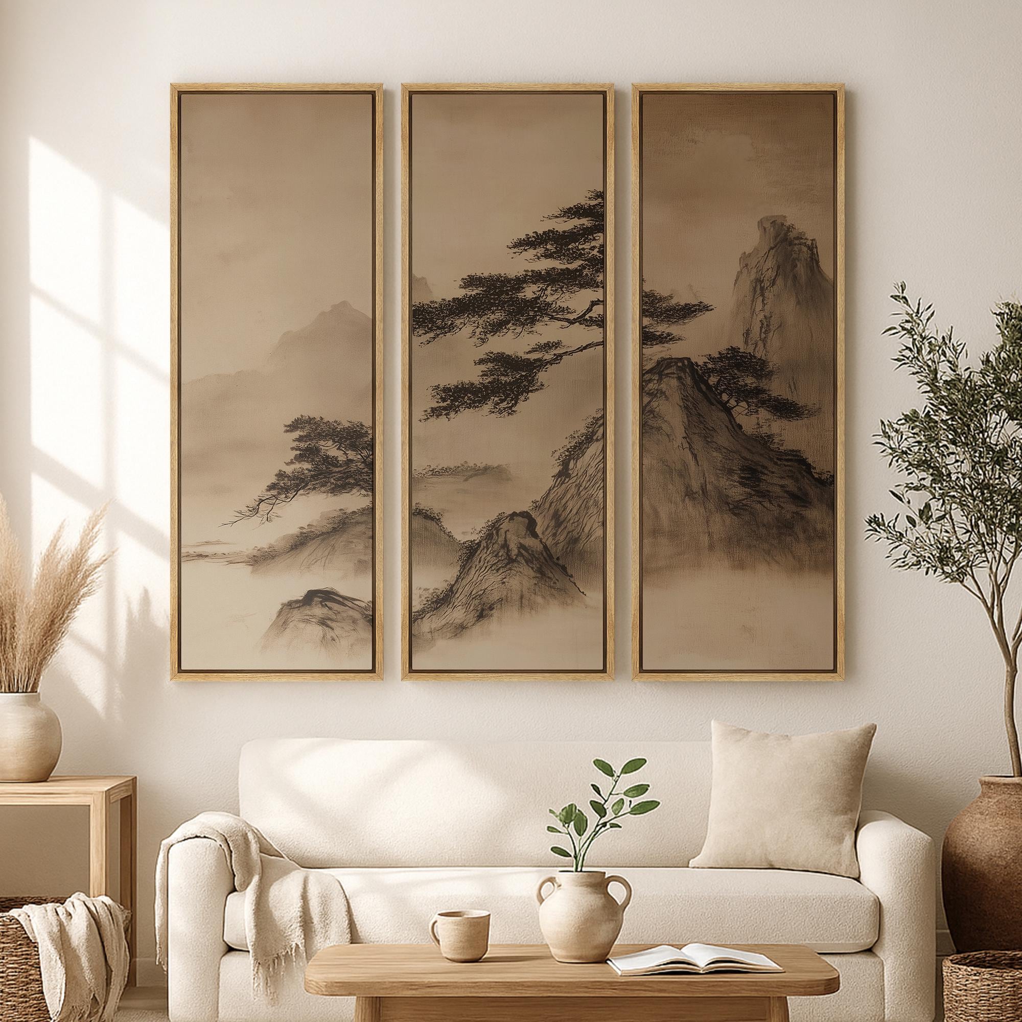 Large Framed Asian Mountain Pine Tree Wall Art Set of 3, Chinese Ink ...