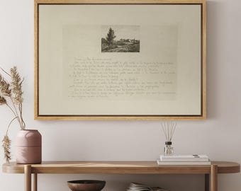 French Landscape Canvas Art - Framed Antique Art with Script, Rustic European Print for Cottage, Library or Classic Home Decor