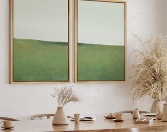 DustinWay Framed Canvas Print Wall Art Set of 2 Green Pastel Paint Abstract Landscape Modern Art Minimalist Decor