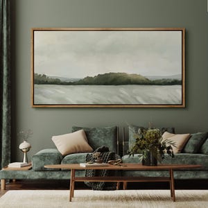 Large Wall Art Framed Canvas Minimalist Abstract Landscape Prints Serene Green Hills and Sky Painting Modern Nature Farmhouse Decor