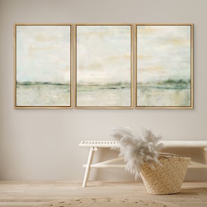 DustinWay Framed Canvas Print Wall Art Set Pastel Green Tan Abstract Landscape Modern Art Minimalist Decor