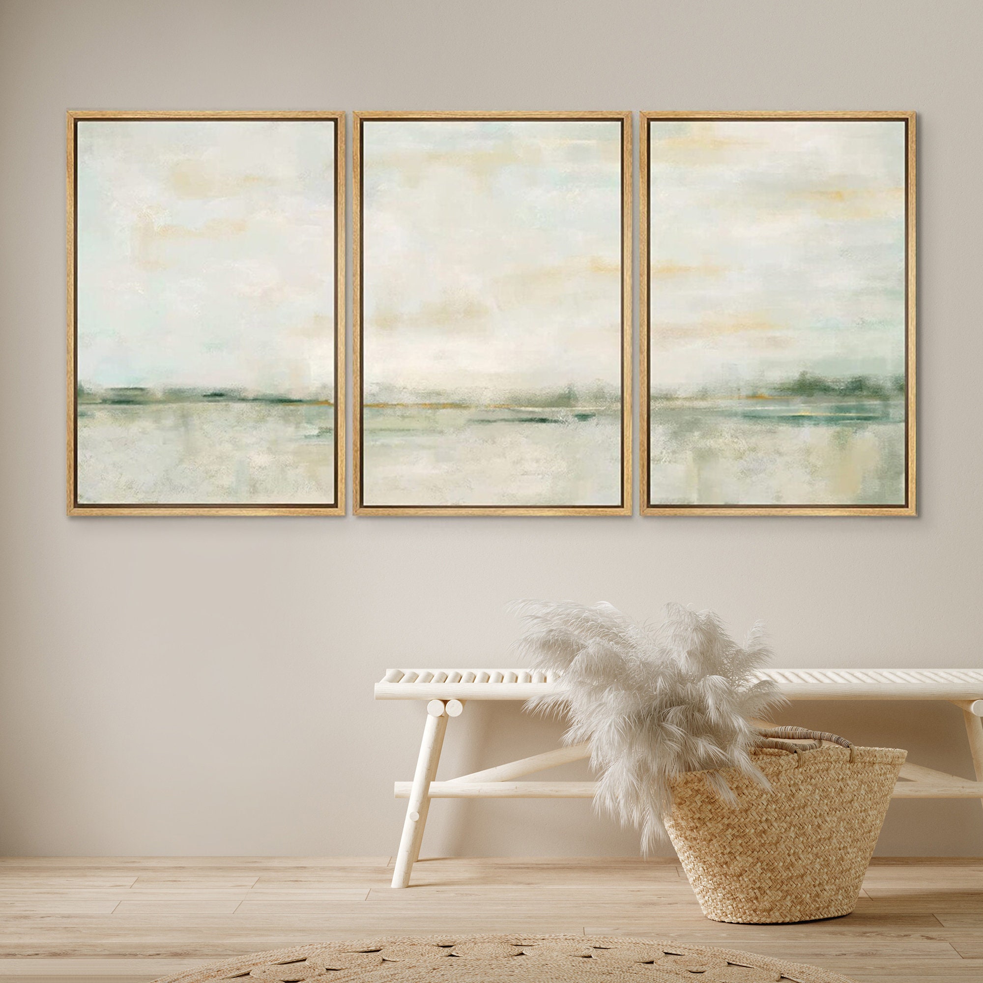 Dustinway Framed Canvas Print Wall Art Set Pastel Green Tan