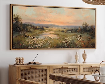 Large Framed Vintage Sunset Landscape Wall Art, Wildflower Meadow River Canvas Print, Romantic Countryside Nature Decor