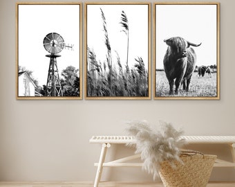 DustinWay Framed Canvas Print Wall Art Set Highland Cow Country Landscape Photography Minimalist Rustic Art Modern Farmhouse Wall Decor