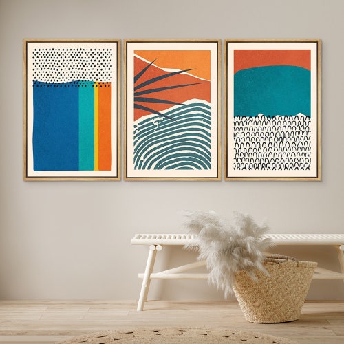 DustinWay Framed Canvas Print Wall Art Set of 3 Color Blocks Abstract Shapes Illustrations Mid Century Modern Wall Art Boho Decor