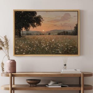 Cuadro decorativo de atardecer en un campo de flores silvestres, lienzo grande enmarcado con paisaje de campo dorado, decoración rústica campestre para sala de estar. imagen 5