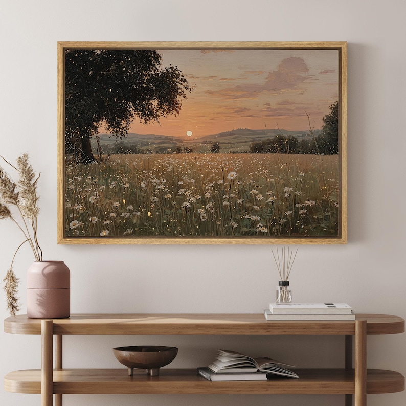 Cuadro decorativo de atardecer en un campo de flores silvestres, lienzo grande enmarcado con paisaje de campo dorado, decoración rústica campestre para sala de estar. imagen 5