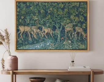 Framed Vintage Forest Deer Tapestry Style Wall Art, Woodland Nature Canvas Print, Green Botanical Animal Artwork, Medieval Inspired Decor