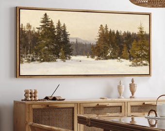 Large Vintage Winter Pine Forest Framed Wall Art, Snowy Evergreen Landscape Canvas Print, Neutral Living Room Decor