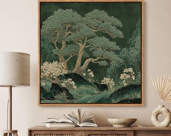 May include: A square wall art print in a wooden frame featuring a dark forest scene with large, textured green trees, rolling hills, and clusters of small white flowers. The composition uses deep shades of emerald and forest green throughout.