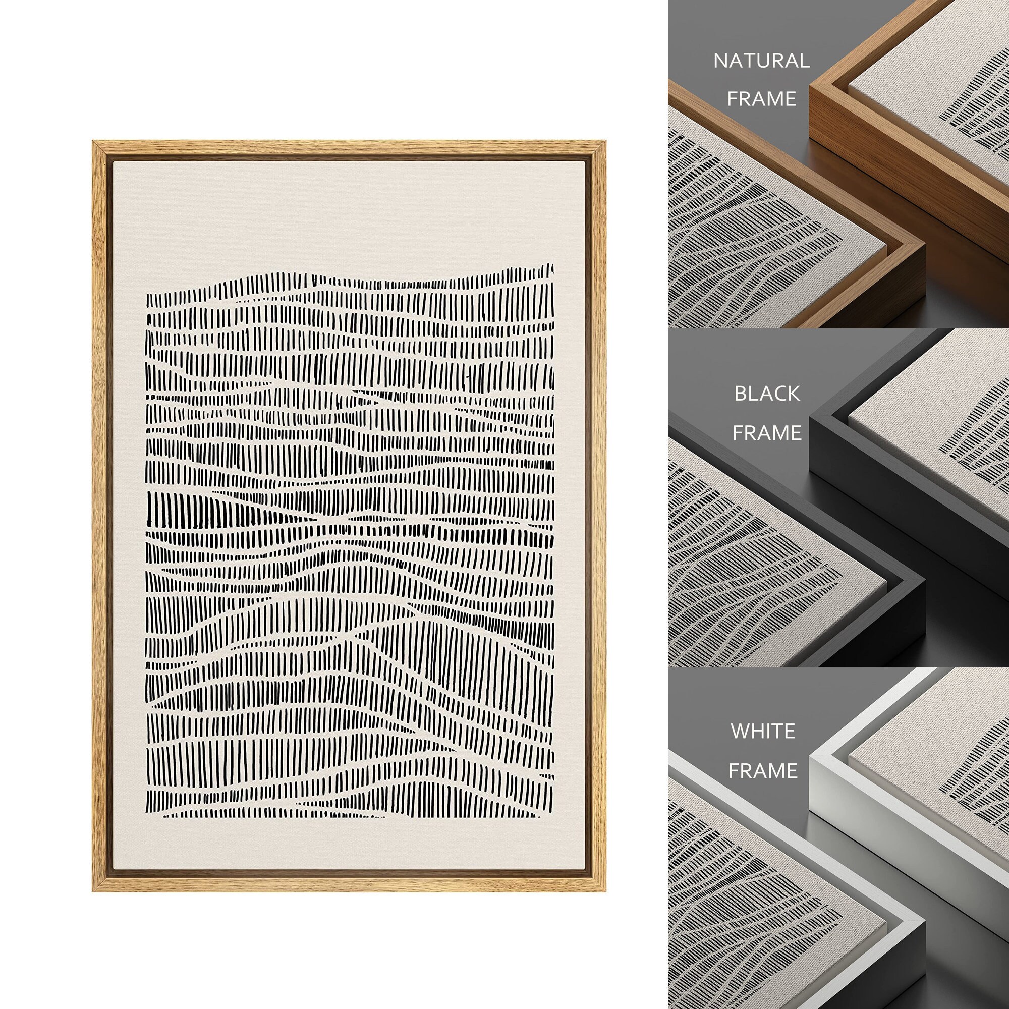 Dustinway Framed Canvas Print Wall Art Set Black Geometric Wave Pattern ...