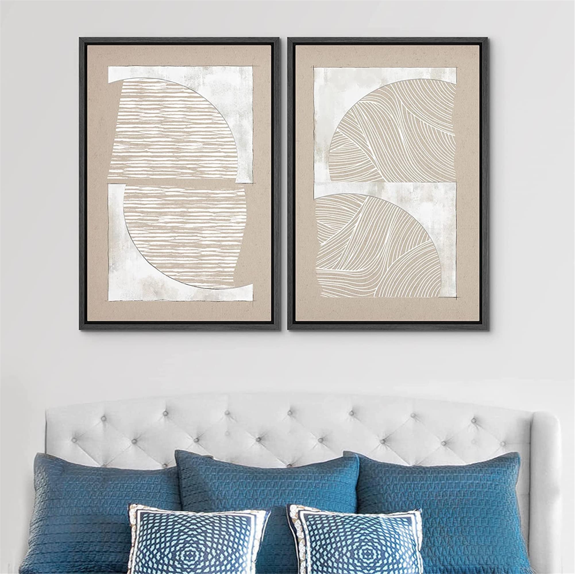 Framed Canvas Print Wall Art Set of 2 Tan White Polygons Abstract ...