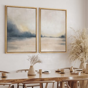 DustinWay Framed Canvas Print Wall Art Set of 2 Pastel Gray Tan Abstract Landscape Modern Art Neutral Minimalist Decor