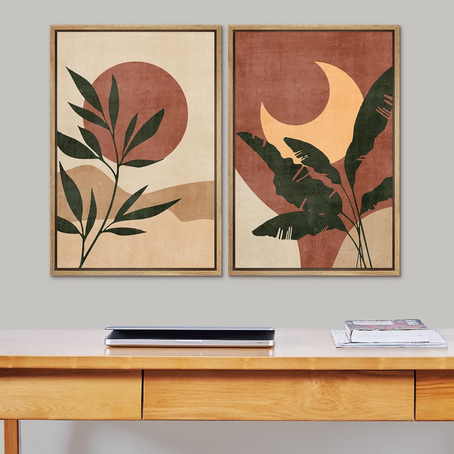 絵画 MODERN PEOPLES HalfMoon texture art Dustinway Framed Canvas Print Wall Art Set of 2 Sun and Moon