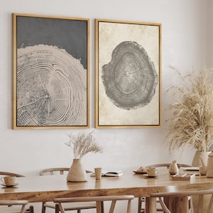 DustinWay Framed Canvas Print Wall Art Set of 2 Wood Tree Rings Abstract Illustrations Minimalist Modern Art Boho Decor
