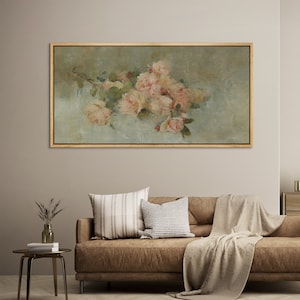 Framed Canvas Large Wall Art Abstract Pink Rose Floral Neutral Wall Art Print Vintage Panoramic Prints Horizontal Wall Art Living Room Decor