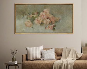 Framed Canvas Large Wall Art Abstract Pink Rose Floral Neutral Wall Art Print Vintage Panoramic Prints Horizontal Wall Art Living Room Decor