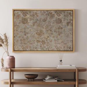 Vintage Floral Wall Art - Framed Beige Botanical Canvas Print, Rustic Peony & Leaf Pattern, Antique Wildflower Decor for Living Room