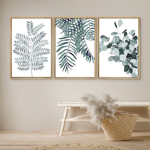 DustinWay Framed Canvas Print Wall Art Set Pastel Green Tropical Leaves Illustrations Modern Art Minimalist Decor