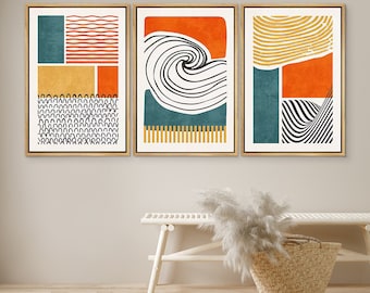 DustinWay Framed Canvas Print Wall Art Set of 3 Color Blocks Abstract Shapes Illustrations Mid Century Modern Wall Art Minimalist Decor