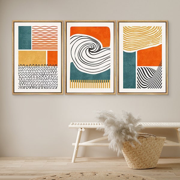 DustinWay Framed Canvas Print Wall Art Set of 3 Color Blocks Abstract Shapes Illustrations Mid Century Modern Wall Art Minimalist Decor