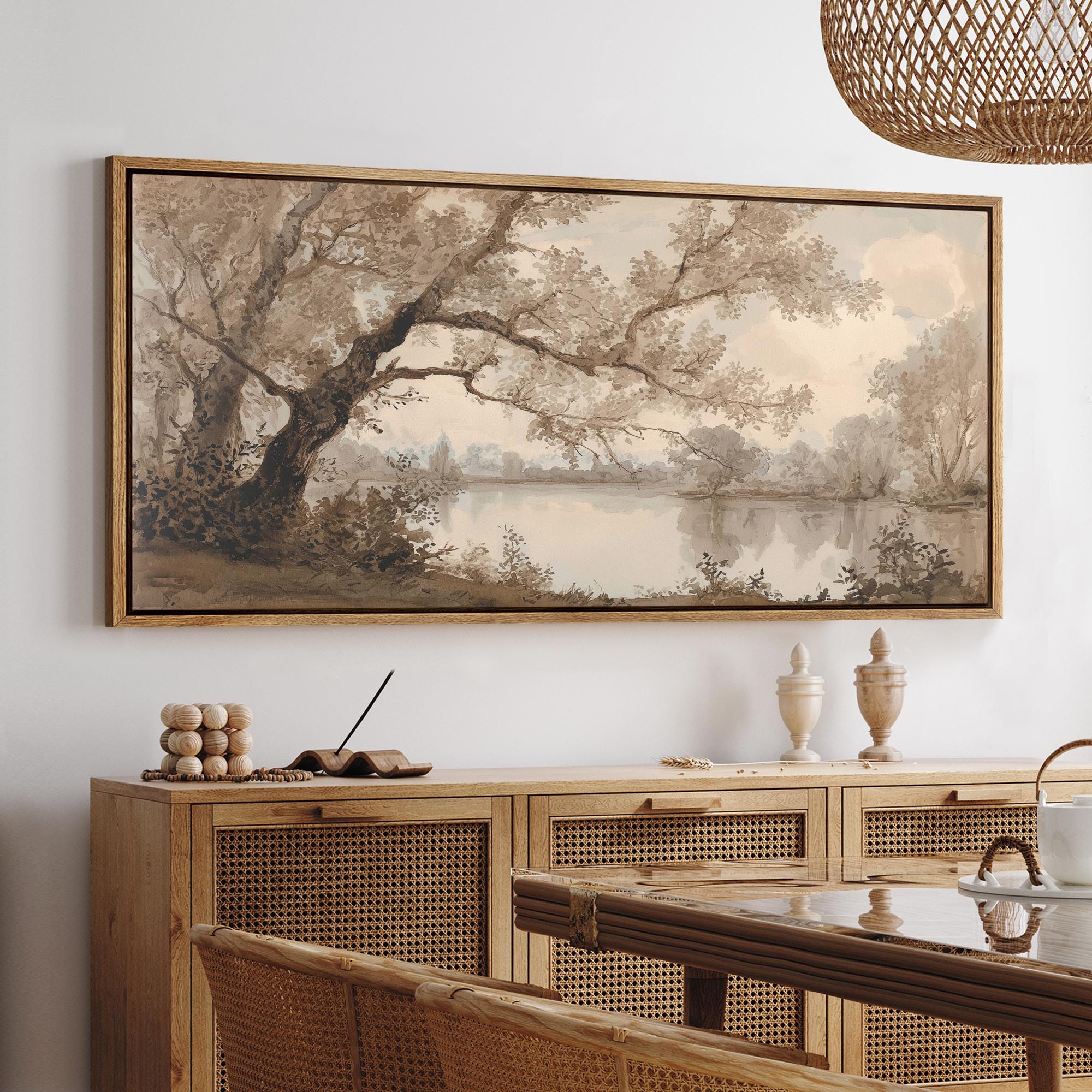 Large Framed Neutral Sepia Beige Landscape Wall Art, Vintage Tree