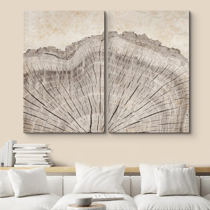 DustinWay Framed Canvas Print Wall Art Set Oak Wood Tree Rings Illustrations Modern Art Neutral Boho Decor Set of 2 - Canvas