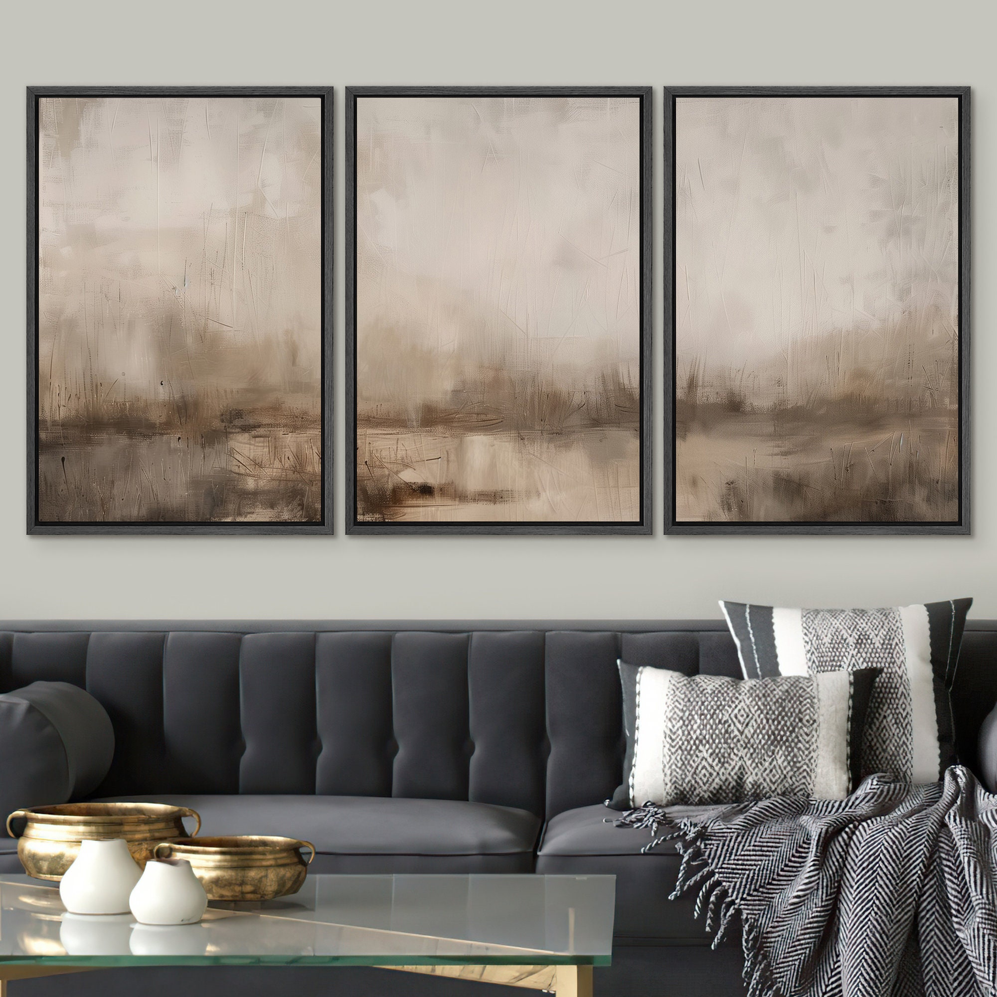 Framed Canvas Wall Art Set of 3 Abstract Beige Art Print Minimalist ...