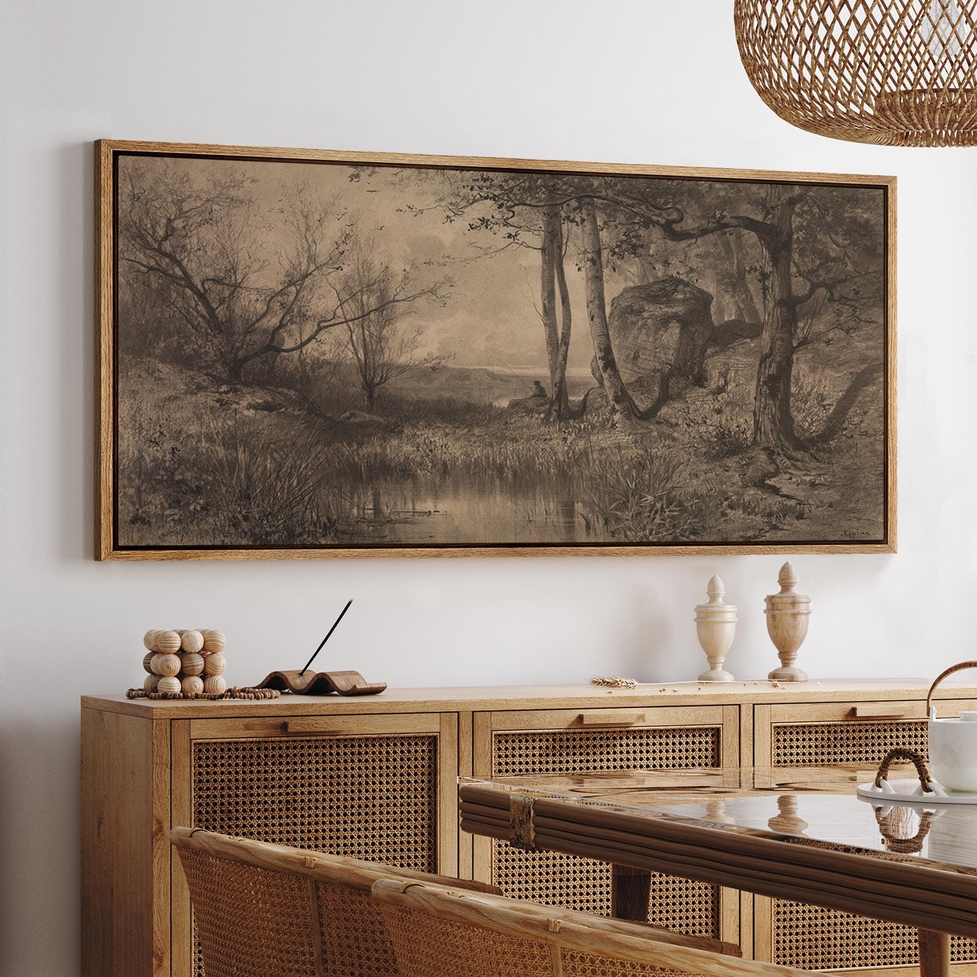 Vintage Sepia Landscape Wall Art, Large Framed Tranquil Forest