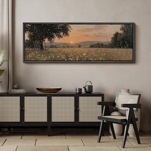 Cuadro decorativo de atardecer en un campo de flores silvestres, lienzo grande enmarcado con paisaje de campo dorado, decoración rústica campestre para sala de estar. imagen 11