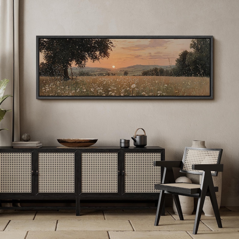 Cuadro decorativo de atardecer en un campo de flores silvestres, lienzo grande enmarcado con paisaje de campo dorado, decoración rústica campestre para sala de estar. imagen 11