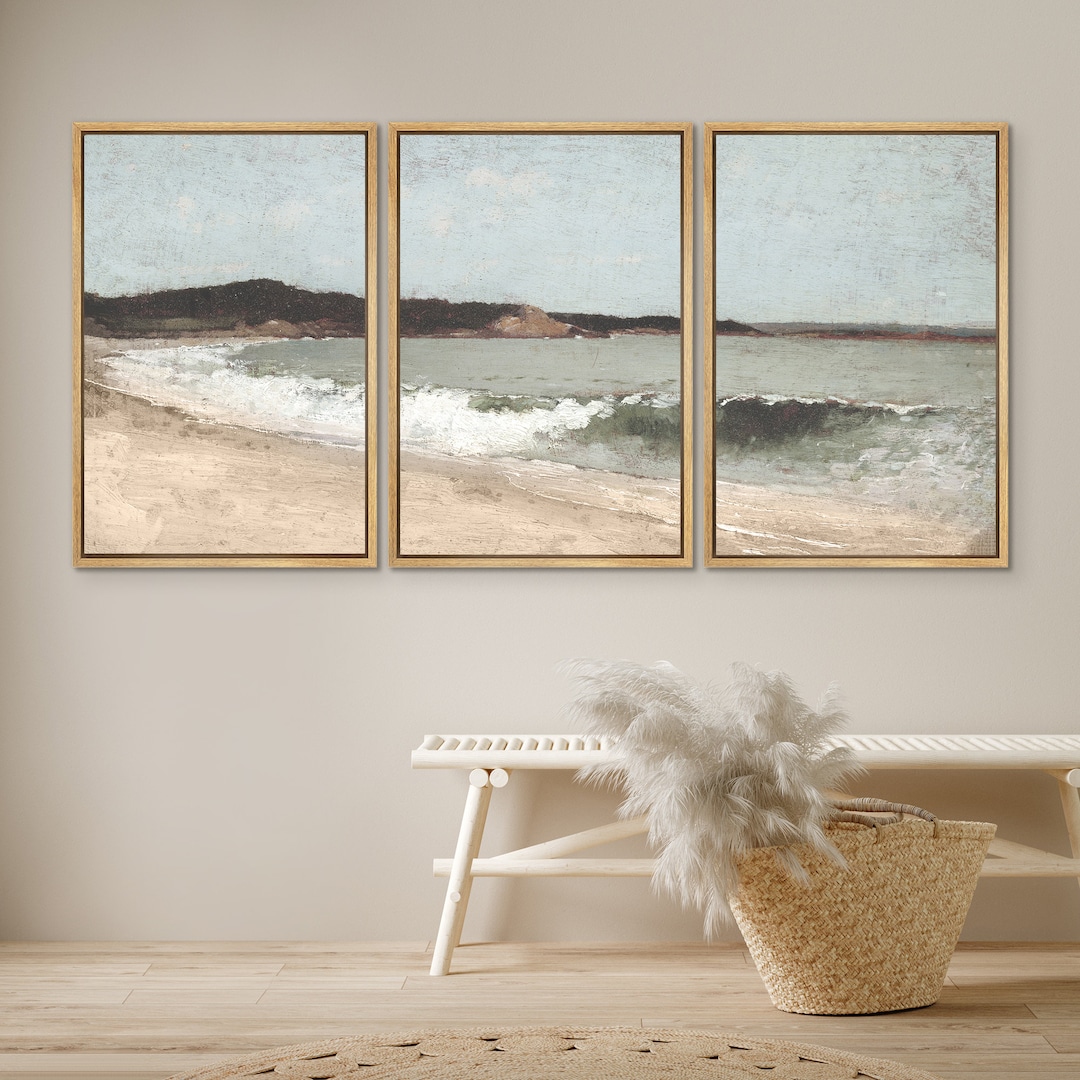 Framed Canvas Wall Art Prints Set of 3 Beach Ocean Wave Seascape Oil ...