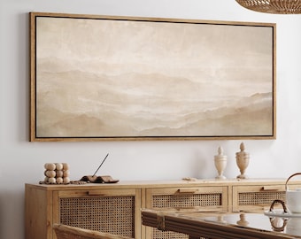 Neutral Mountain Landscape Wall Art, Large Framed Beige Minimalist Canvas Print, Tranquil Misty Hills Decor for Living Room or Bedroom